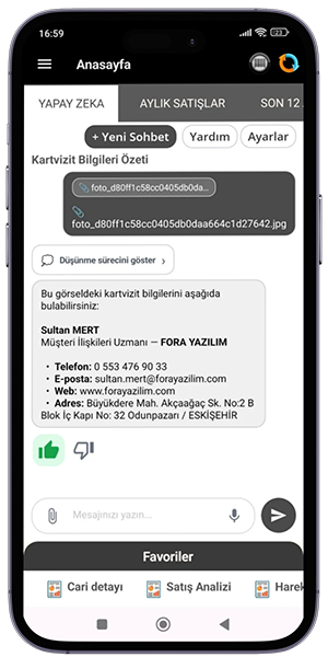 Fora Kayra AI'nın kartvizit fotoğrafından ad, unvan, telefon, e-posta ve adres bilgilerini otomatik çıkardığı yapay zeka sohbet ekranı