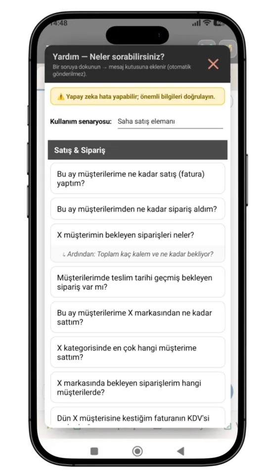 Fora Kayra AI yardım ekranı: kullanım senaryosu 'saha satış elemanı' seçildiğinde satış, sipariş ve tahsilat konulu hazır örnek soruların listelenmesi