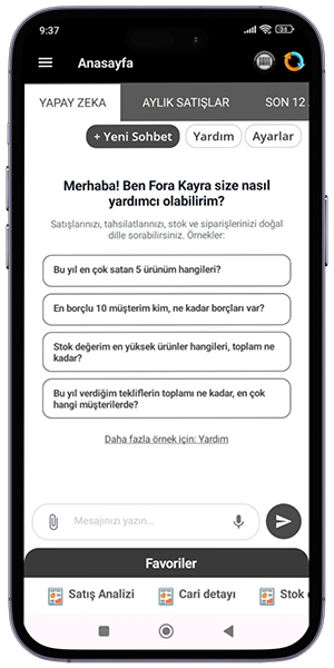 Fora Kayra AI yapay zeka asistanının 'Merhaba! Ben Fora Kayra' karşılama ekranı; satış, tahsilat ve stok konularını doğal dille sormak için hazır örnek soru önerileri