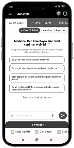 Fora Kayra AI yapay zeka asistanının 'Merhaba! Ben Fora Kayra' karşılama ekranı; satış, tahsilat ve stok konularını doğal dille sormak için hazır örnek soru önerileri