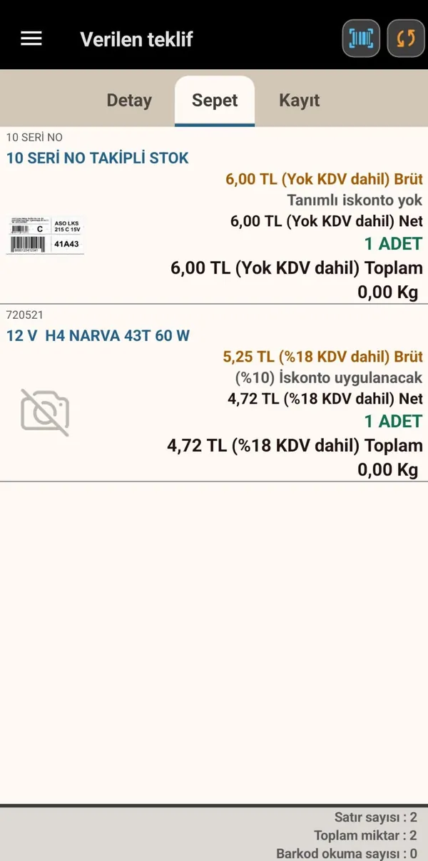 Fora Mobil sipariş sepeti ekranı: satır bazında miktar, fiyat ve iskonto