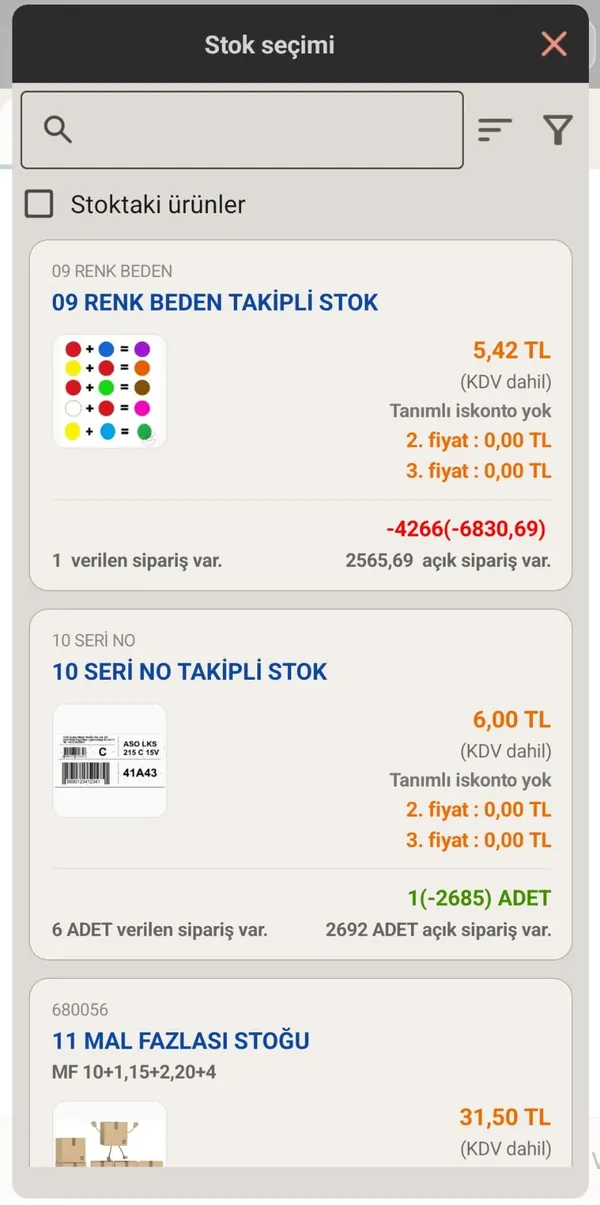 Fora Mobil stok seçim ekranı: görselli stok listesi ve arama